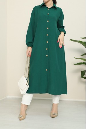 Kolu Lastikli Boydan Düğmeli Uzun Krinkıl Tunik -Zümrüt