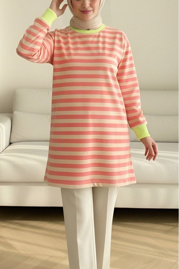 Colorful Striped Round Neck Sweater  -Orange