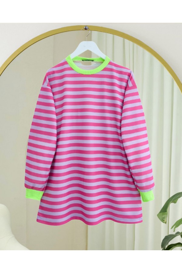 Colorful Striped Round Neck Sweater -Fuchsia