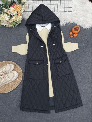 Kapaklı Cepli Kapitone Yelek -Siyah