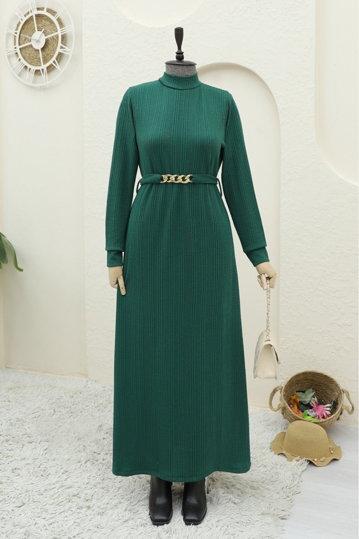 Belted Stand Collar Lycra Long Dress -Emerald