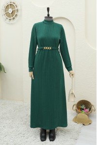 Kemerli Dik Yaka Likralı Uzun Elbise -Zümrüt