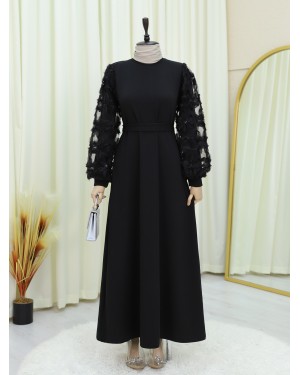 Kabartma Çiçekli Tül Kollu Kemerli Elbise -Siyah