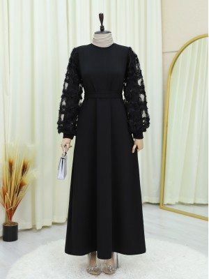 Kabartma Çiçekli Tül Kollu Kemerli Elbise -Siyah