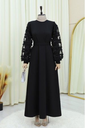 Embossed Floral Tulle Sleeve Belted Dress -Black