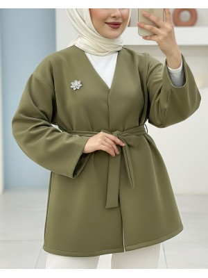 Broş Detaylı Beli Kuşaklı Scuba Ceket -Zeytin
