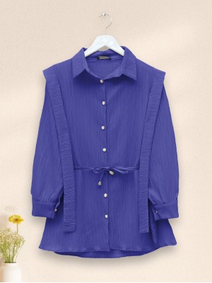İnci Düğmeli Omuzu Ve Beli Bağlamalı Krinkıl Gömlek -Mavi
