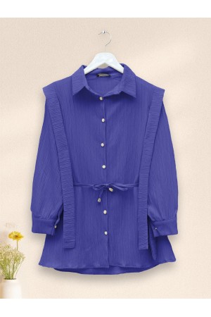 Pearl Buttoned Shoulder and Waist Tied Crinkle Shirt -Blue