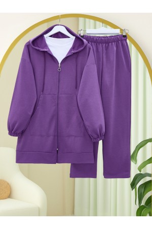 Fermuarlı Kapşonlu Penye Takım      -Lila