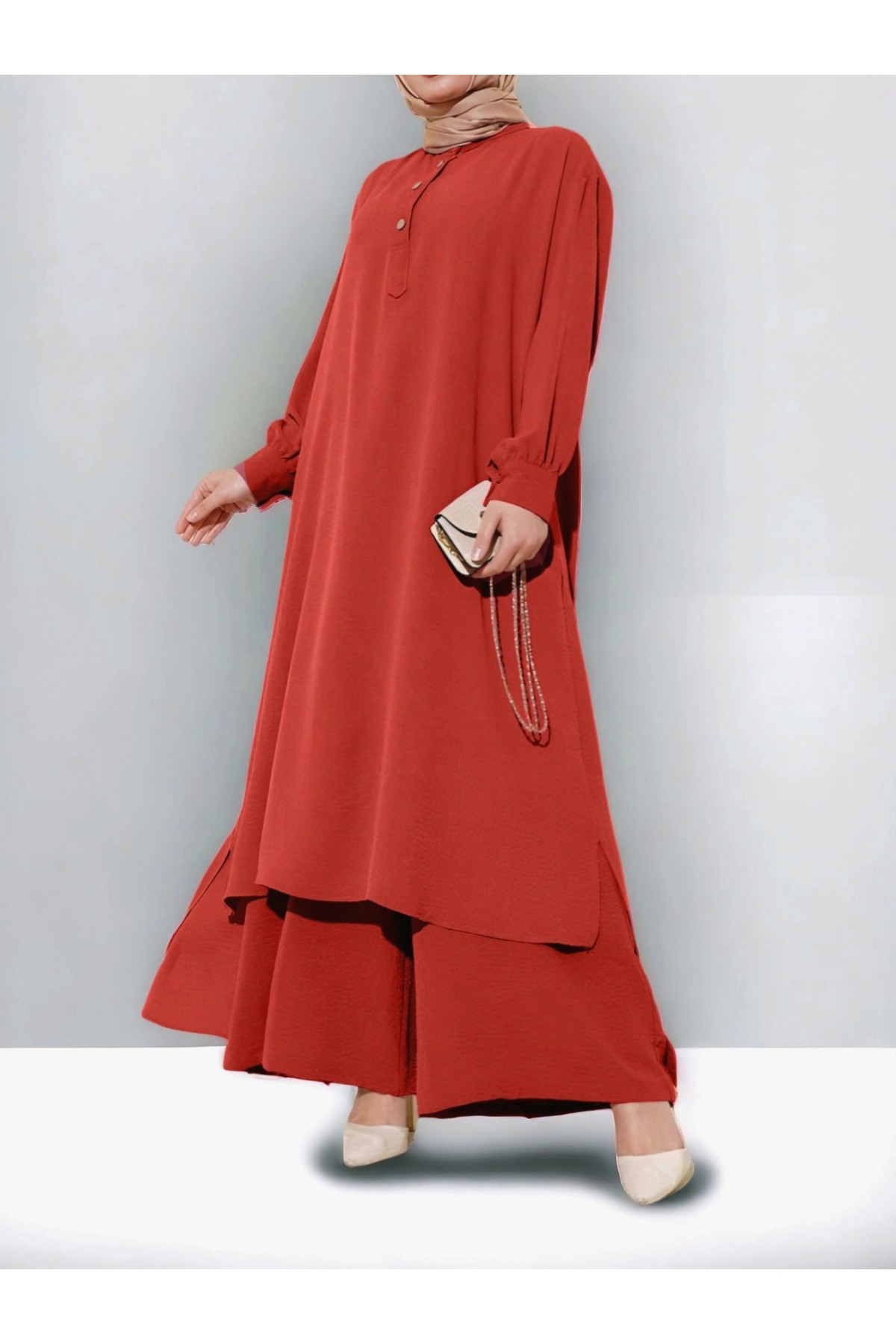 Wooden Button.  Long Loose Double Suit with Half Placket -Brick color