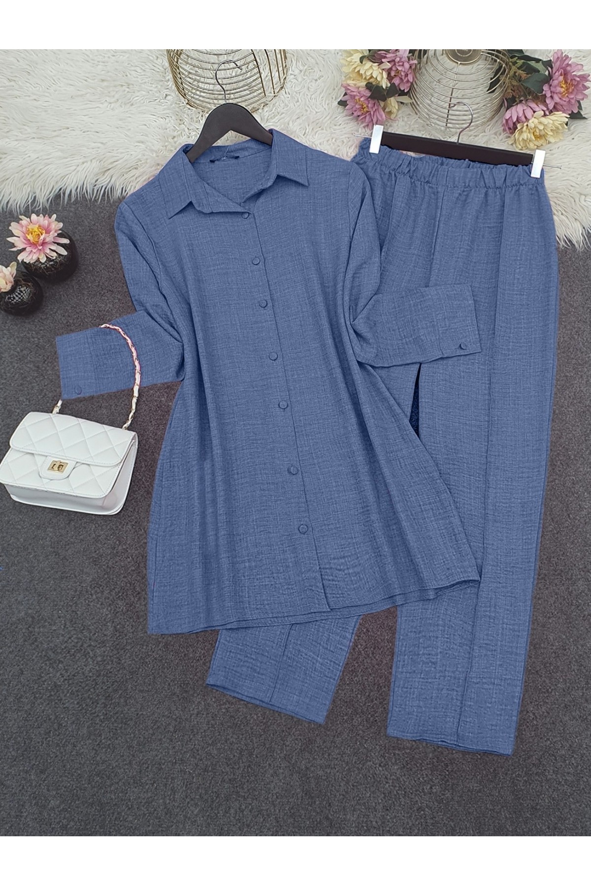 Top Button Shirt and Trousers Set -İndigo