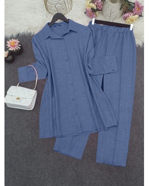 Top Düğme Gömlek Pantolonlu Takım -İndigo