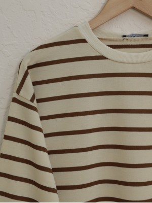 Striped Ribbed Sleeves Open Skirt Wortex Sweat -Brown