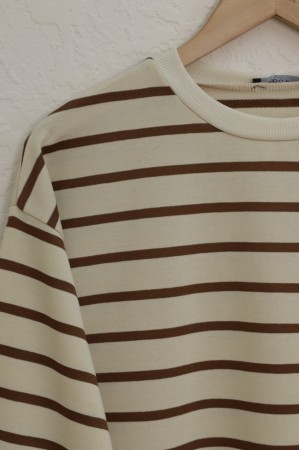 Çizgili Kolları Ribanalı Eteği Açık Wortex Sweat -Kahve