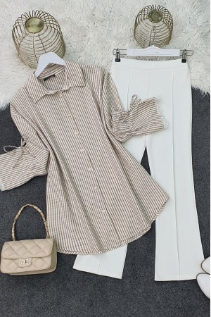 Laced Sleeve Striped Shirt -Mink color