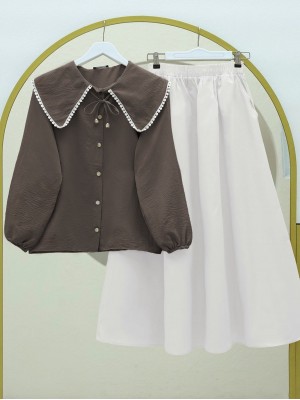 Bebe Yaka Dantelli Kolu Lastikli Gömlek -Kahve