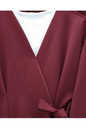 Double Waist Tied Scuba Kimono Set -Maroon