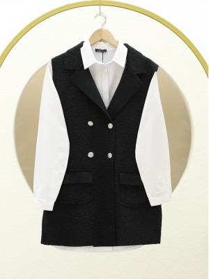 Düğmeli Çift Cepli Buklet Yelek -Siyah