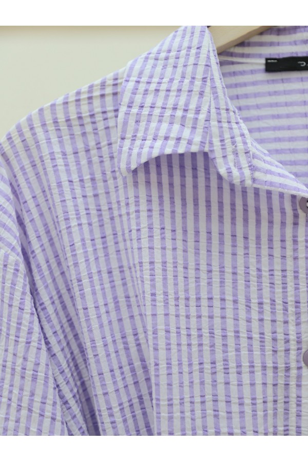 Buttoned Lace-Up Striped Crepe Shirt -Lilac