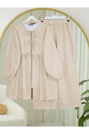 Tied Wide Leg Two Piece Suit -Stone