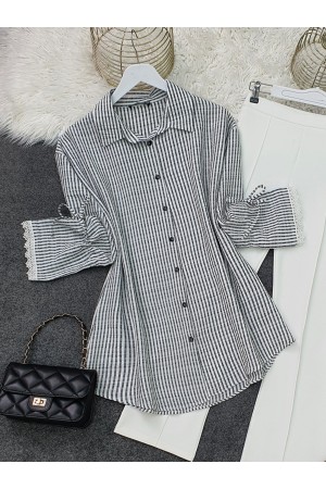 Laced Sleeve Striped Shirt -Black