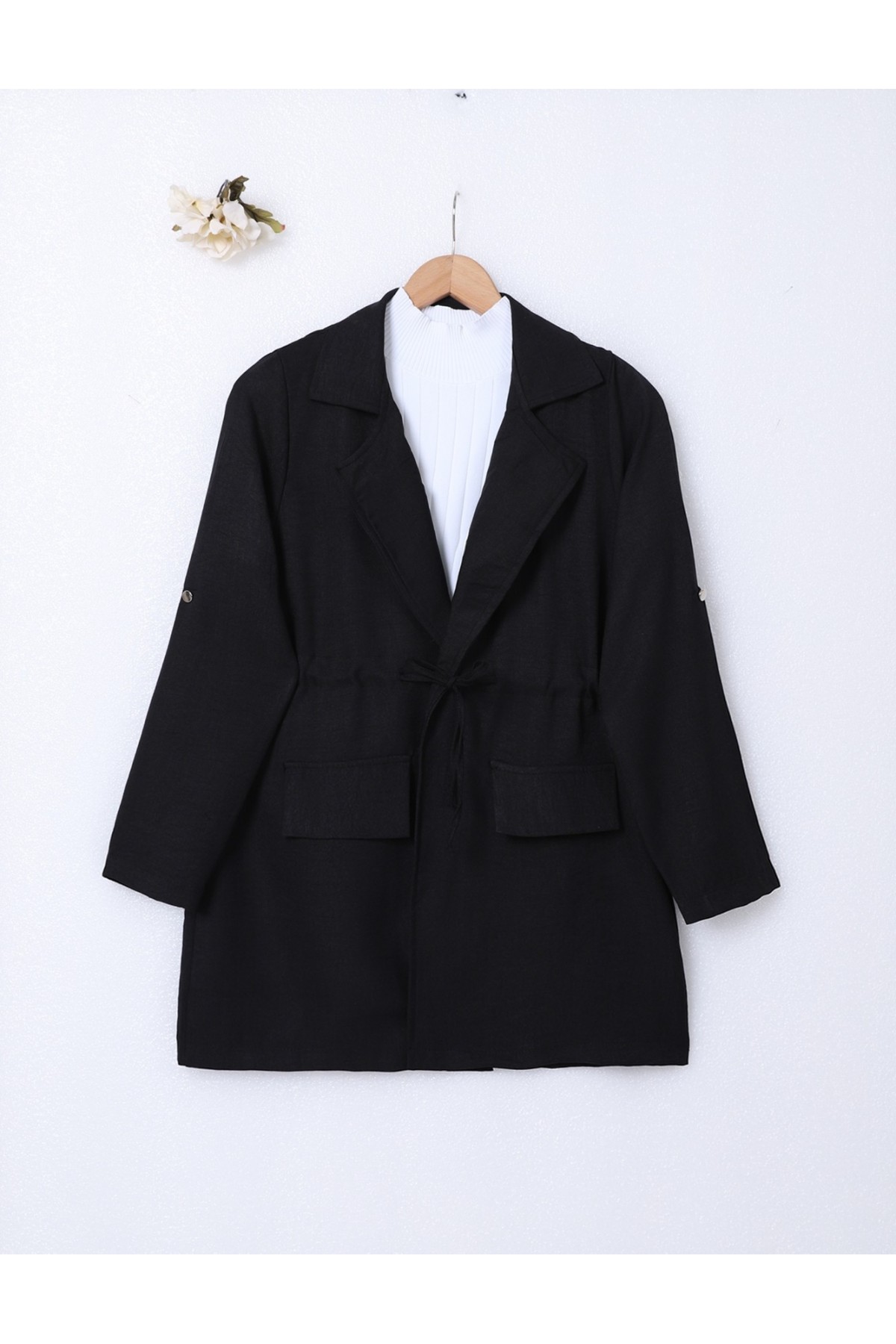 Covered Tunnel Bridge Jacket Linen Set -Black detay görseli