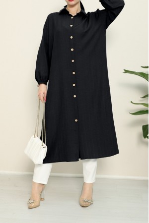 Kolu Lastikli Boydan Düğmeli Uzun Krinkıl Tunik -Siyah
