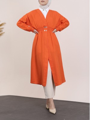 Kolu ve Beli Lastikli Çıtçıtlı Keten Kap -Turuncu