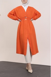 Kolu ve Beli Lastikli Çıtçıtlı Keten Kap -Turuncu