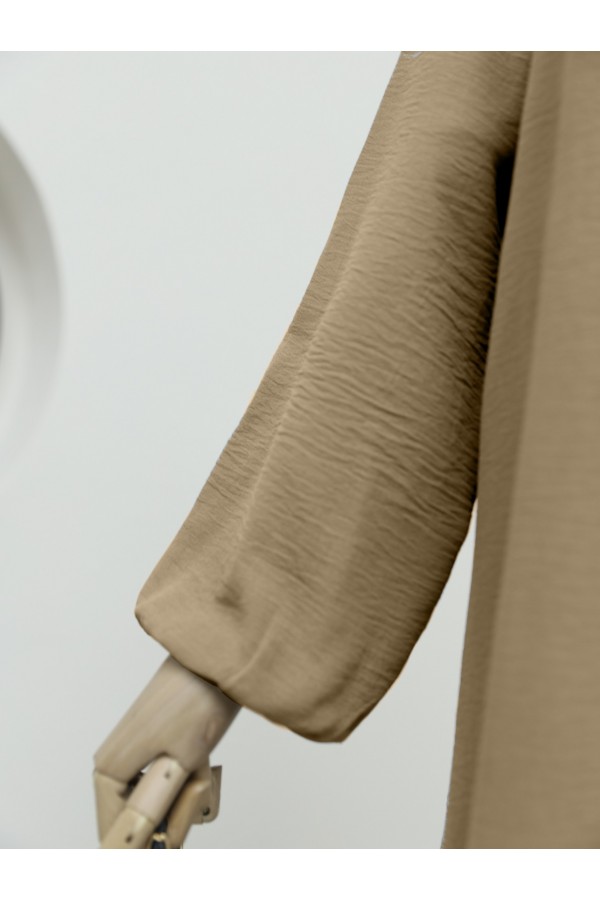 Gathered Collar Balloon Sleeve Ayrobin Dress -Mink color