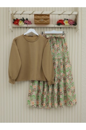 الأزهار منقوشة مربوط بدلة مزدوجة -تدرجات البيج