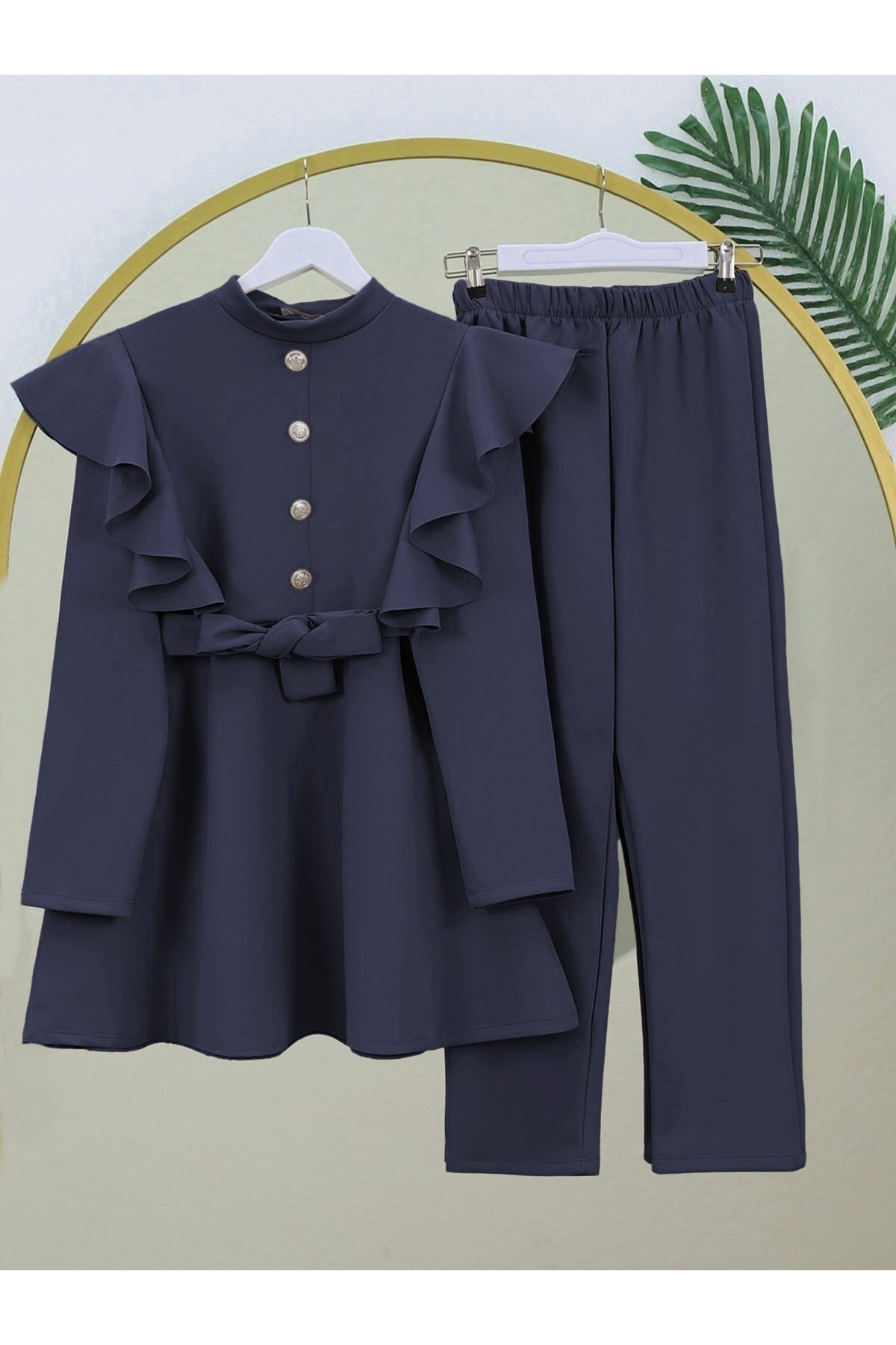 Button Detailed Stand Collar Ruffle Shoulder Scuba Suit -Navy blue