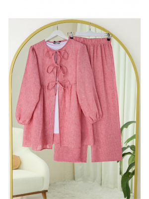 Bağlamalı Bol Paça İkili Takım -Pembe