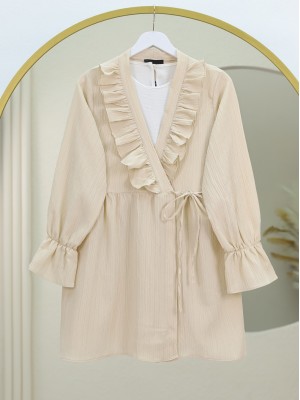 Crinkle Kimono with Ruffle Front Tie - Beige