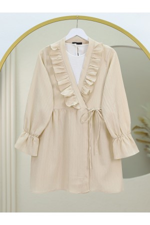 Önü Fırfırlı Bağlamalı Krinkıl Kimono -Bej