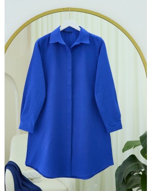 Oval Cut Long Shirt with Hidden Buttons -Saxe 