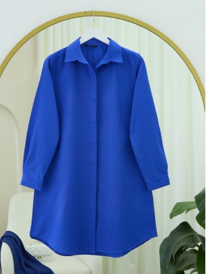 Gizli Düğmeli Oval Kesim Uzun Gömlek -Saks