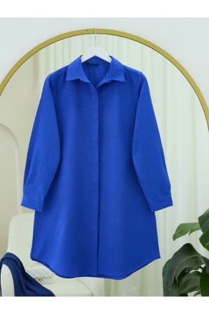 Gizli Düğmeli Oval Kesim Uzun Gömlek -Saks