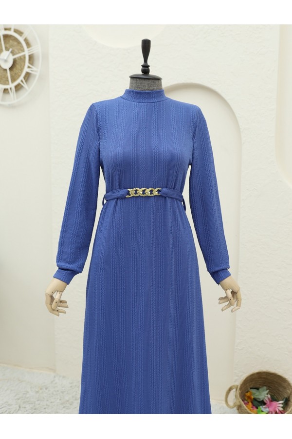 Belted Stand Collar Lycra Long Dress -İndigo