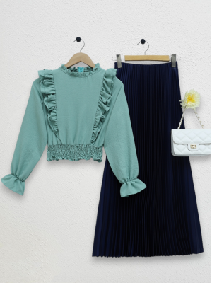 Robadan Fırfırlı Beli Büzgülü Ayrobin Bluz  -Mint