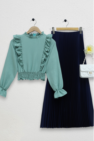 Robadan Fırfırlı Beli Büzgülü Ayrobin Bluz  -Mint