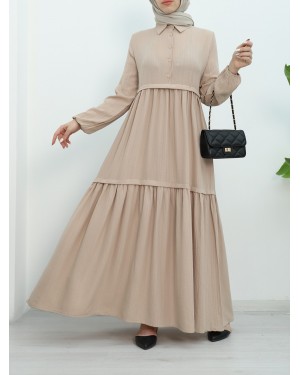 Partial Half Buttoned Sleeve Elastic Dress - Beige