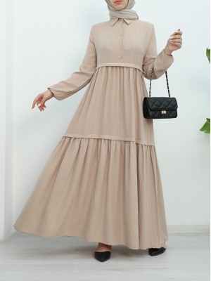 Partial Half Buttoned Sleeve Elastic Dress - Beige