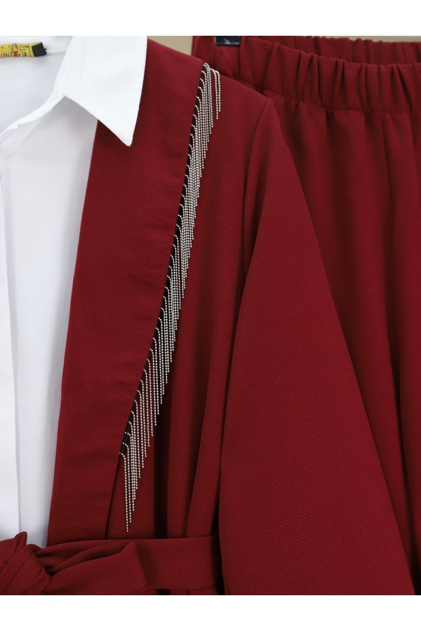 Yakası Metal Püsküllü Kemerli Ceket Pantolon Takım -Bordo
