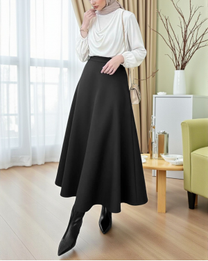 Loose Flared Scuba Puff Skirt -Black