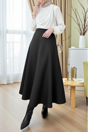 Loose Flared Scuba Puff Skirt -Black