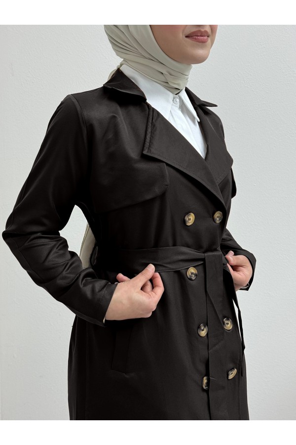 Double Button Shawl Shoulder Waist Trench Coat  -Black