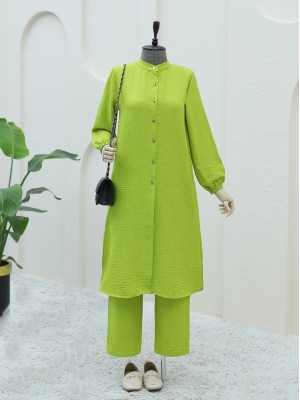 Metal Düğmeli Kolu Lastikli Pantolonlu  Takım  -F.Yeşili