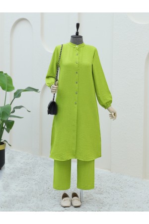 Metal Düğmeli Kolu Lastikli Pantolonlu  Takım  -F.Yeşili