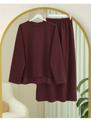 Arkası Uzun Yırtmaçlı Etekli İki İp Penye Takım -Bordo